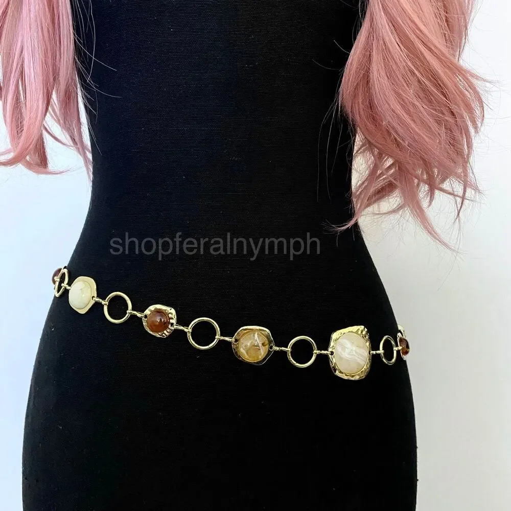 Gold Y2K Marbled Stone Open Ring Waist Chain Belt, Fits 24.5-43 Inches, X7GA1296